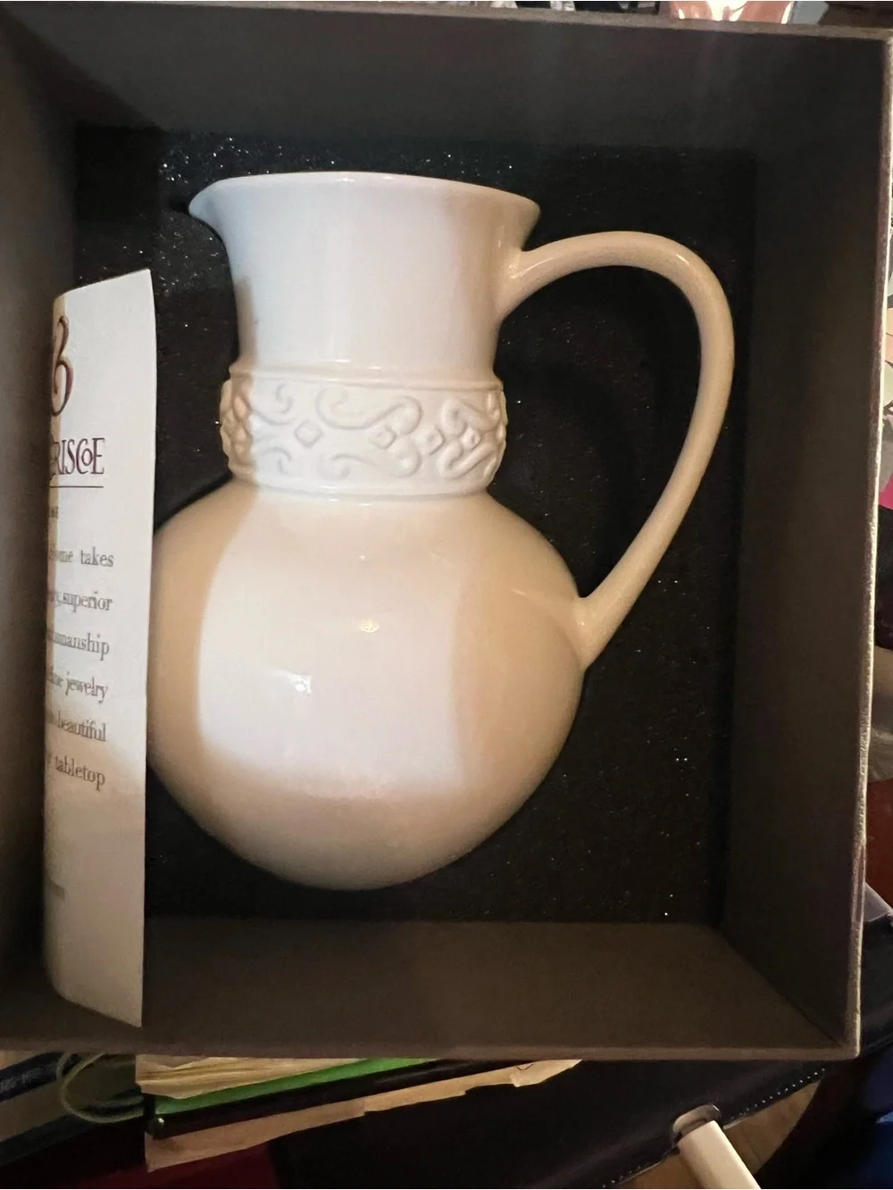 White Ceramic Pitcher with Embossed Band